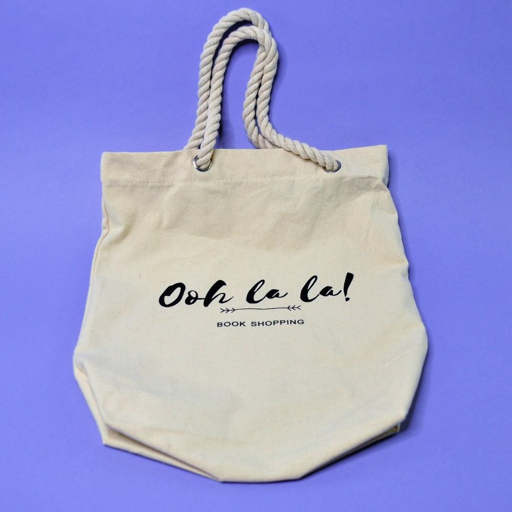 NWOT - "Ooh La La Book Shopping" Cream Canvas Bag with Rope Handles